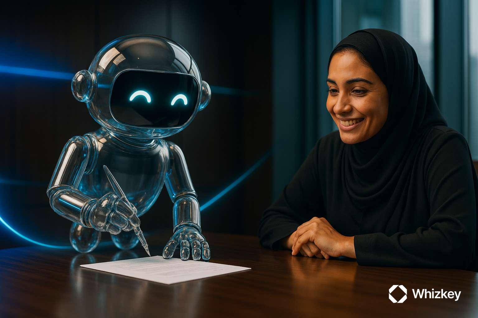 Kuwaiti woman in abaya smiling as AI chatbot automates paperwork in bank
