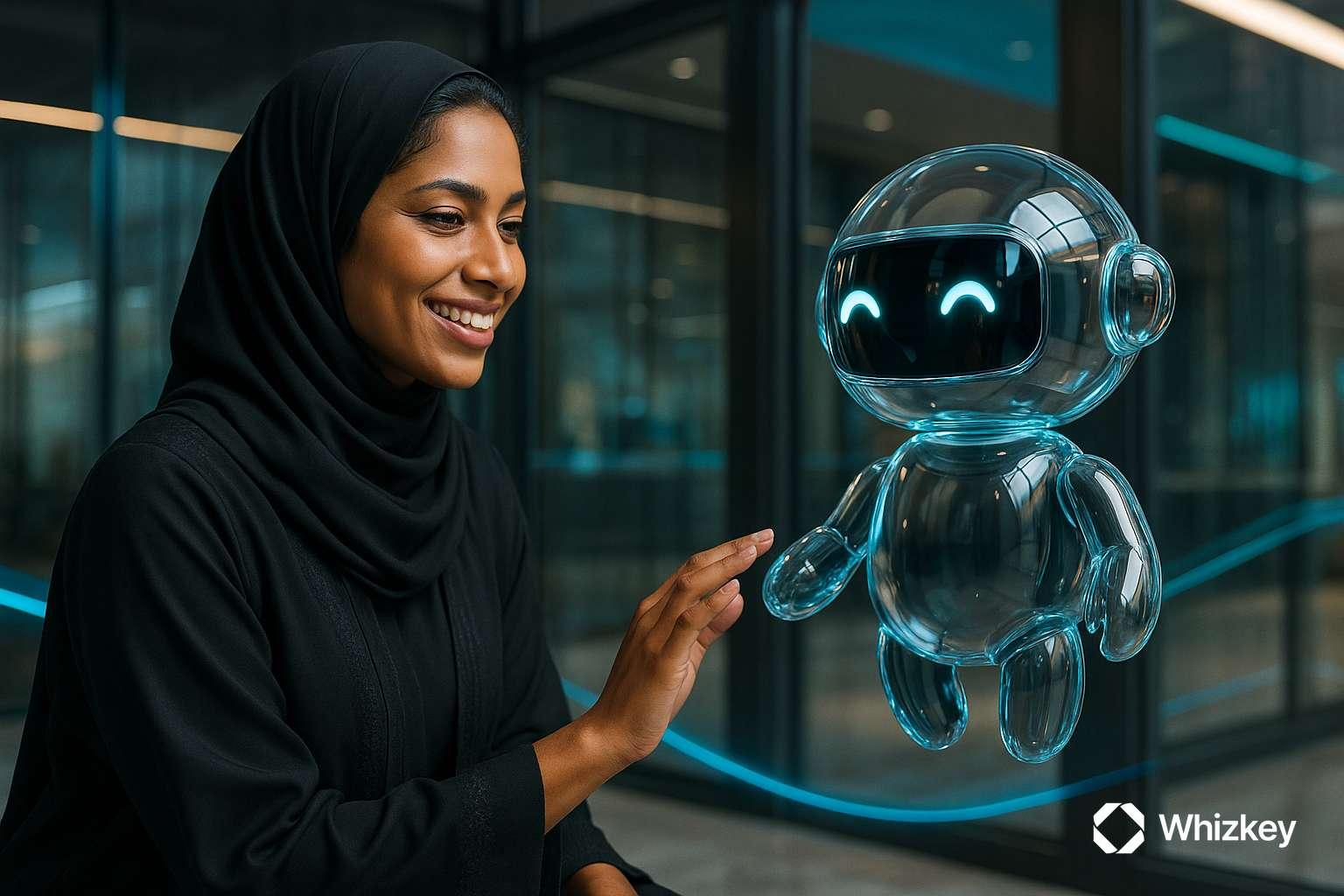 Kuwaiti woman engaging with glass chatbot symbolizing AI-driven customer support