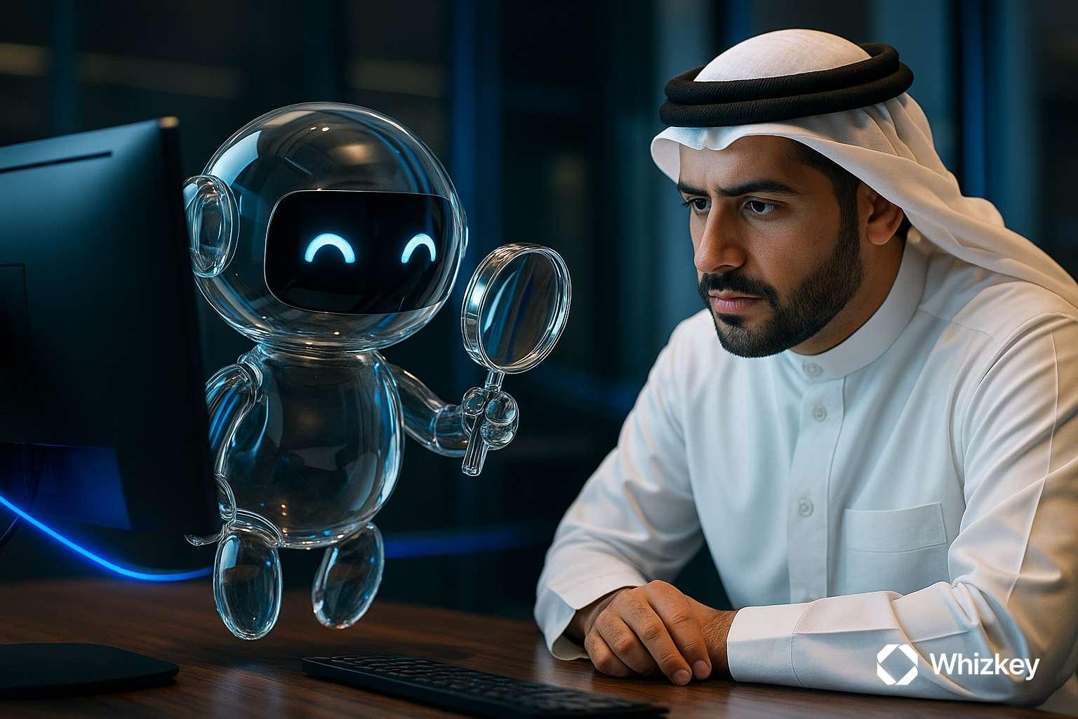 Kuwaiti banker and AI chatbot jointly analyzing fraud case on computer
