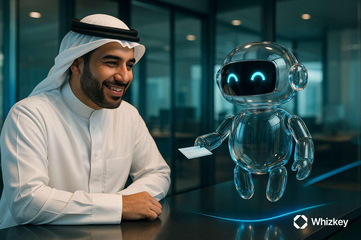 Smiling Kuwaiti bank employee interacting with AI chatbot assistant