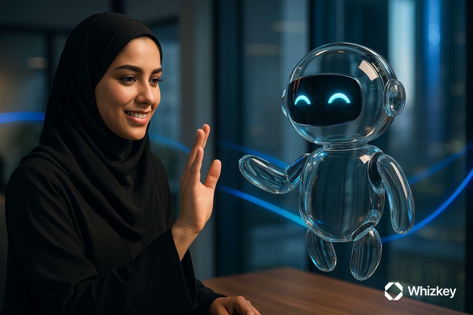 Kuwaiti woman in abaya smiling while interacting with AI chatbot
