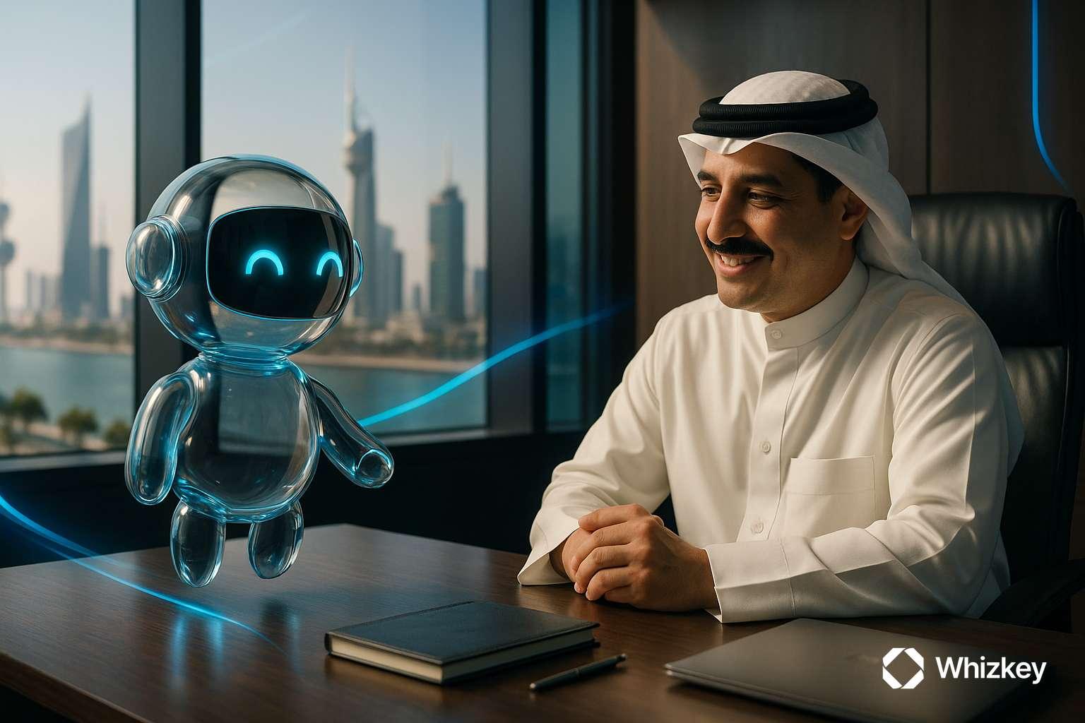 Kuwaiti banking chairman smiling while interacting with a glass chatbot in executive office with city skyline