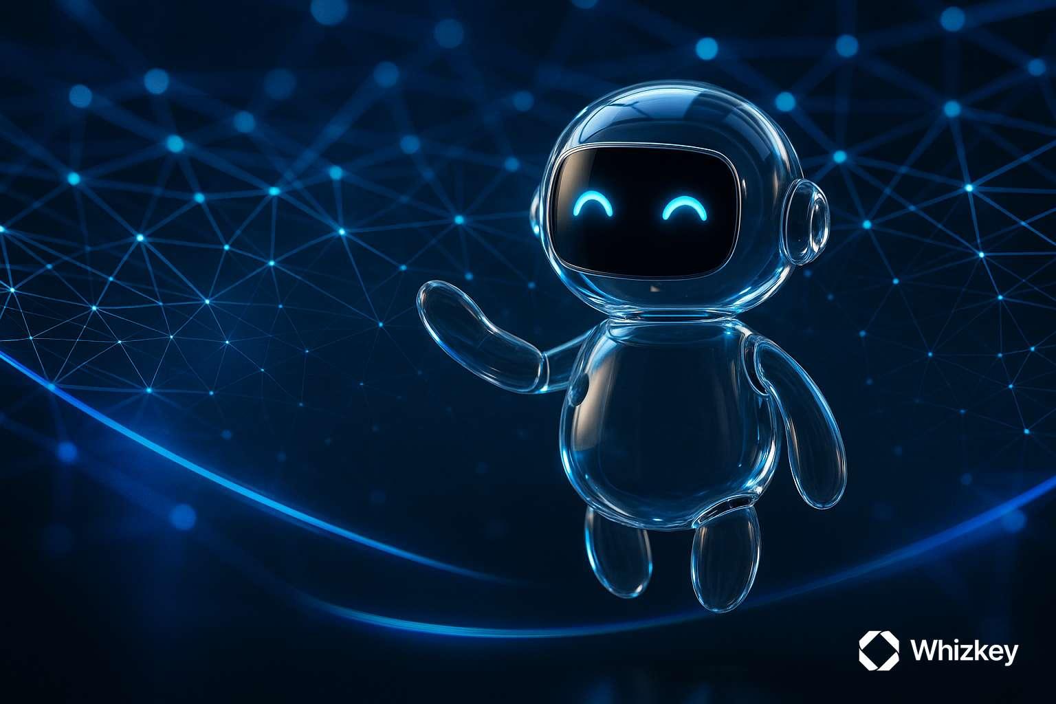 Photorealistic transparent glass chatbot levitating against a glowing blockchain mesh of blue nodes and connections, symbolizing blockchain-powered customs automation in Kuwait.