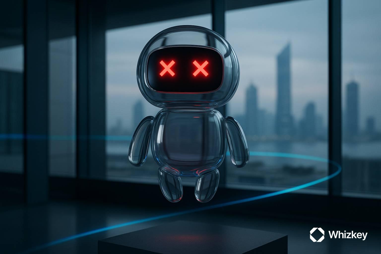 Glass chatbot with red X eyes floating in office, symbolizing Kuwait chatbot deployment challenges