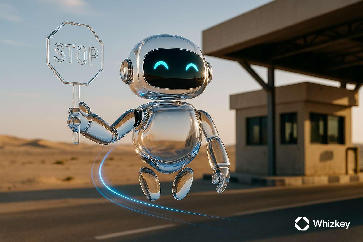 AI chatbot holding a glass stop sign at desert border checkpoint