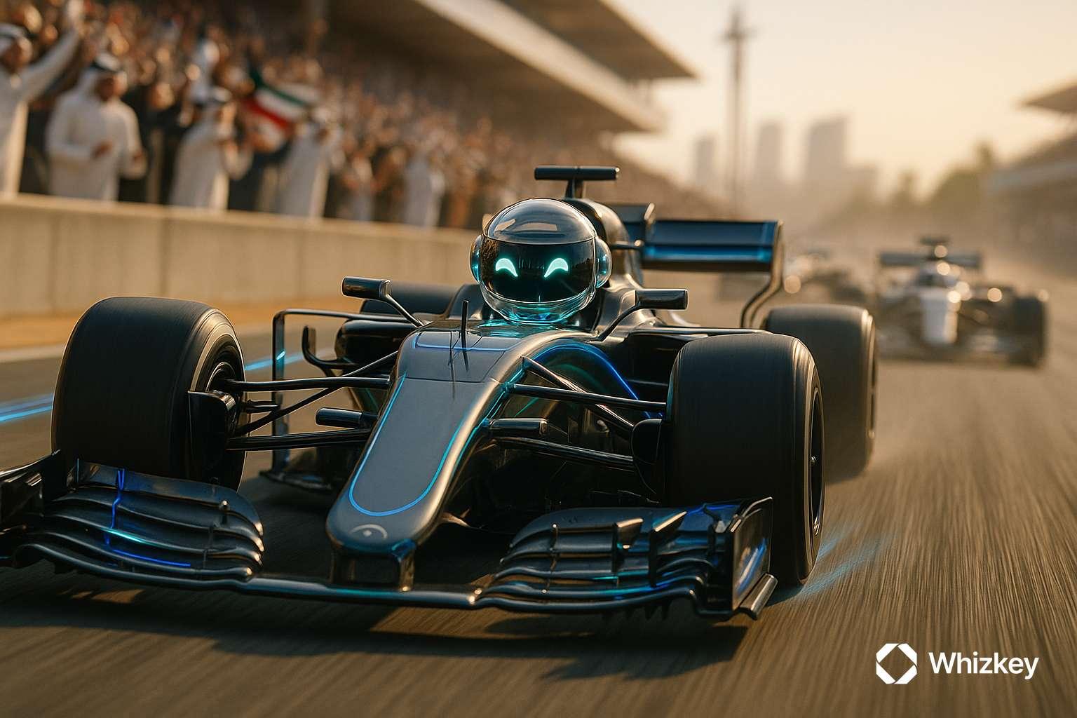 AI chatbot racing ahead in F1 car symbolizing scalable growth engines in Kuwait