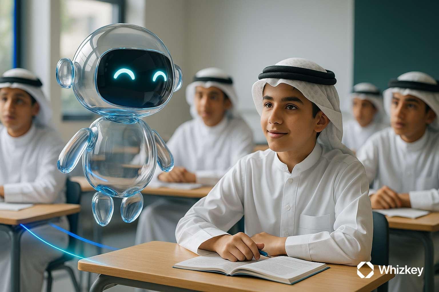 AI chatbot teaching Kuwaiti school children in classroom for education awareness