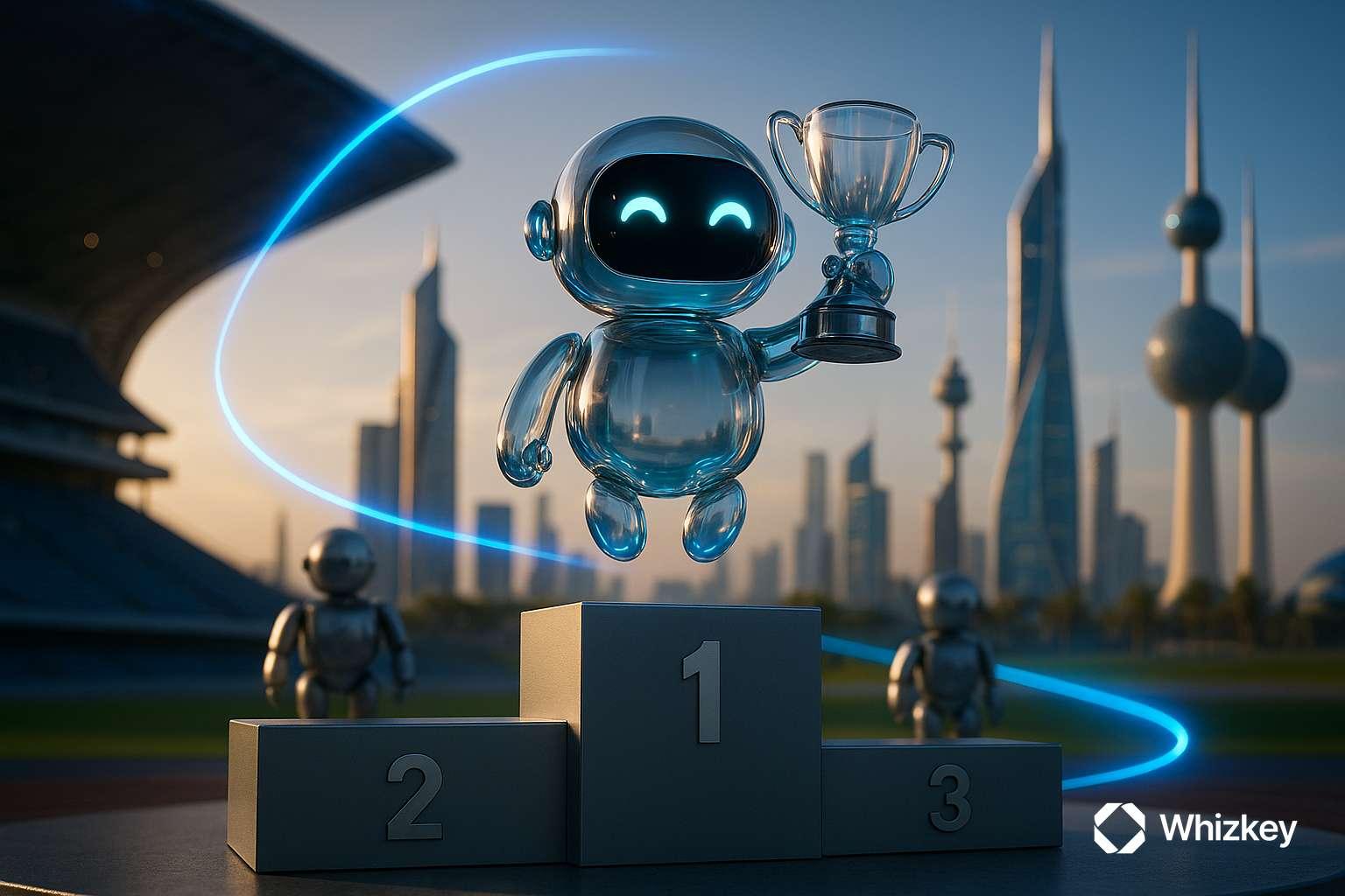 Glass chatbot winning first place on podium in Kuwait stadium with skyline backdrop