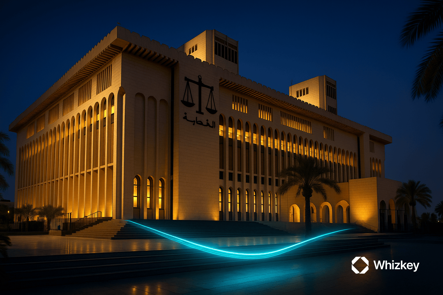 Kuwait Court of Justice at twilight with warm golden lighting and a subtle turquoise light trail across the steps, symbolizing AI-powered LLMs improving access and reducing court backlogs.