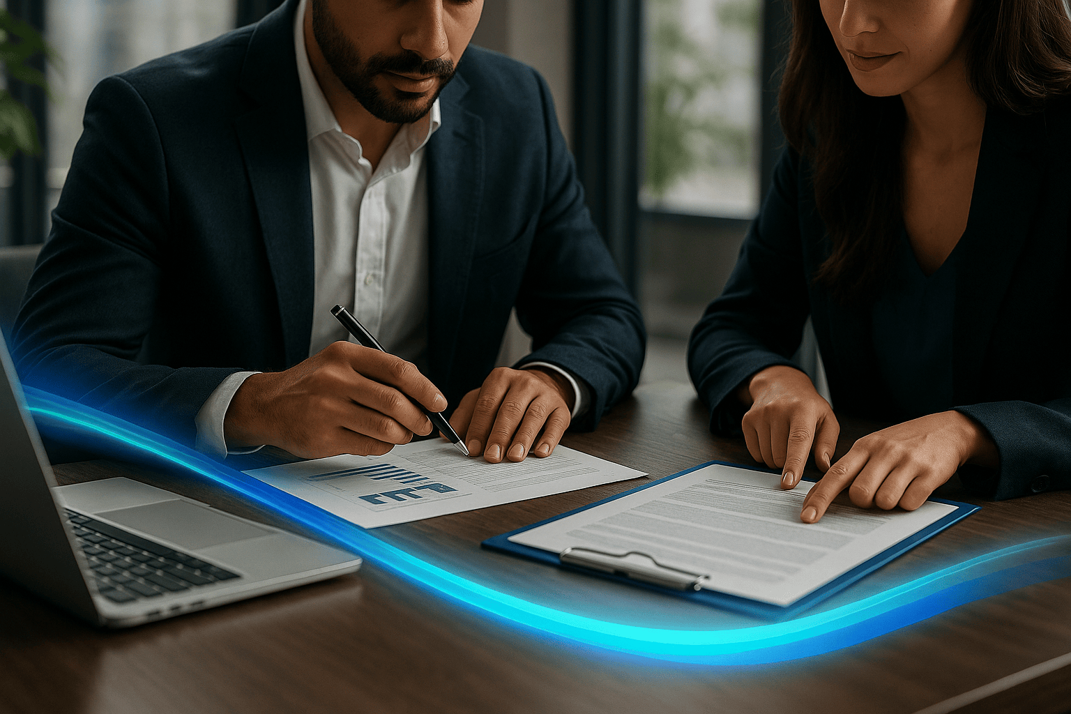 Two business professionals in Kuwait analyzing reports at a modern office desk with subtle blue and turquoise light accents, symbolizing clarity in evaluating workflows and processes.