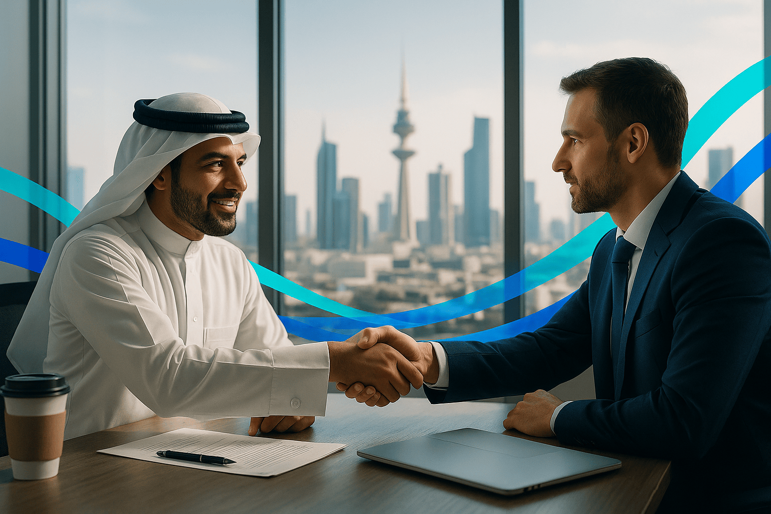 Kuwaiti executive in traditional attire shaking hands with a Western professional in a modern office overlooking Kuwait City skyline, symbolizing trust and partnership in digital transformation.