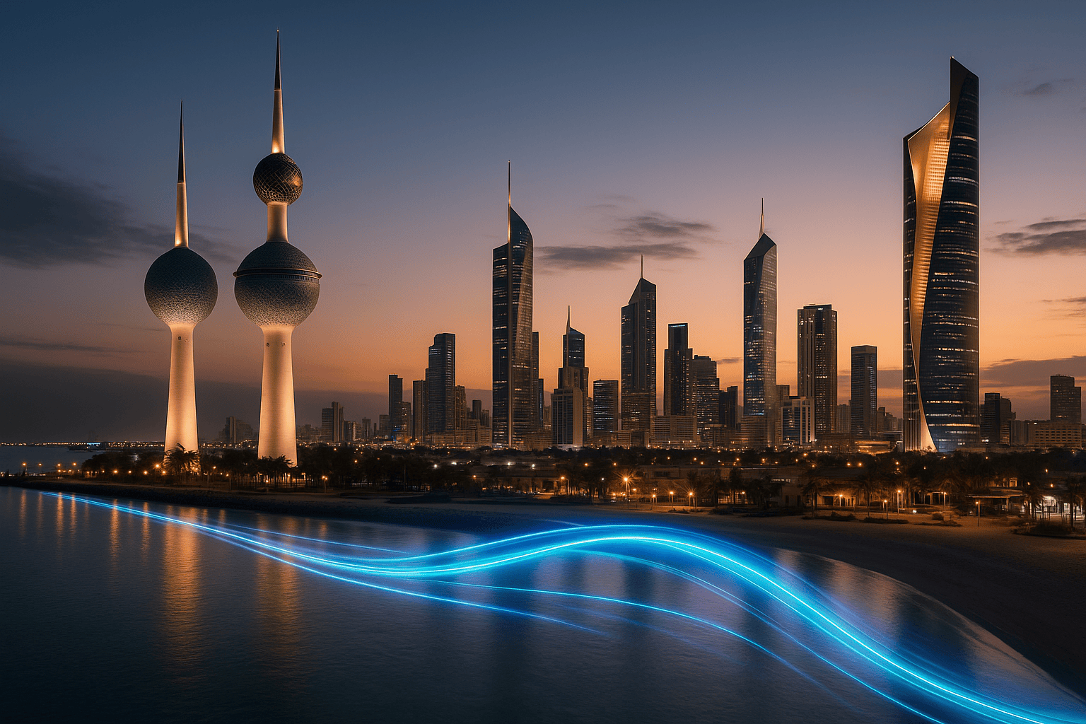 Twilight skyline of Kuwait City with the iconic Kuwait Towers and modern skyscrapers, enhanced with subtle blue light streams reflecting on the water, symbolizing digital transformation leadership.
