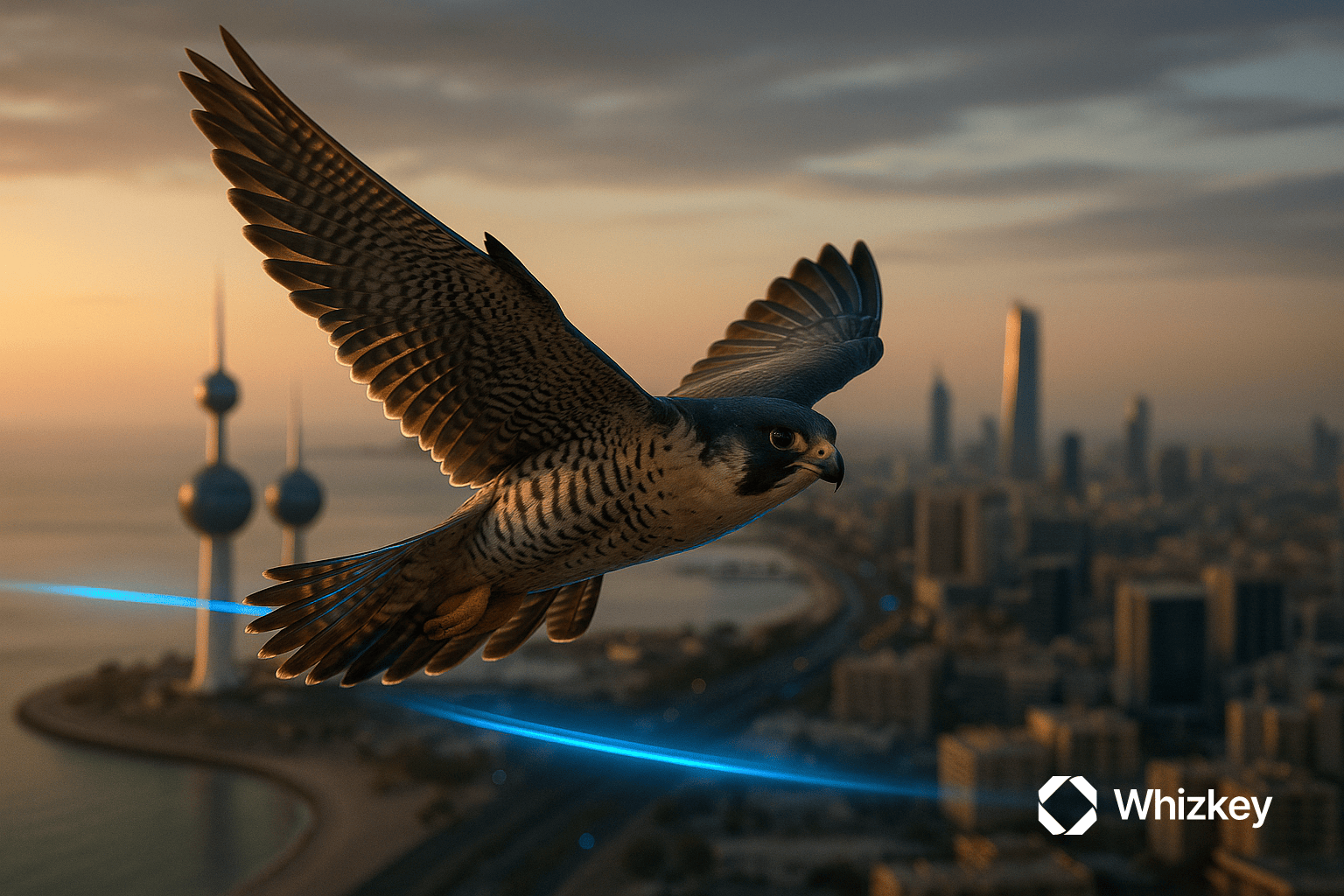 Peregrine falcon soaring over Kuwait Towers at twilight with subtle blue and turquoise light accents, symbolizing Kuwait’s digital transformation and ROI-driven growth.