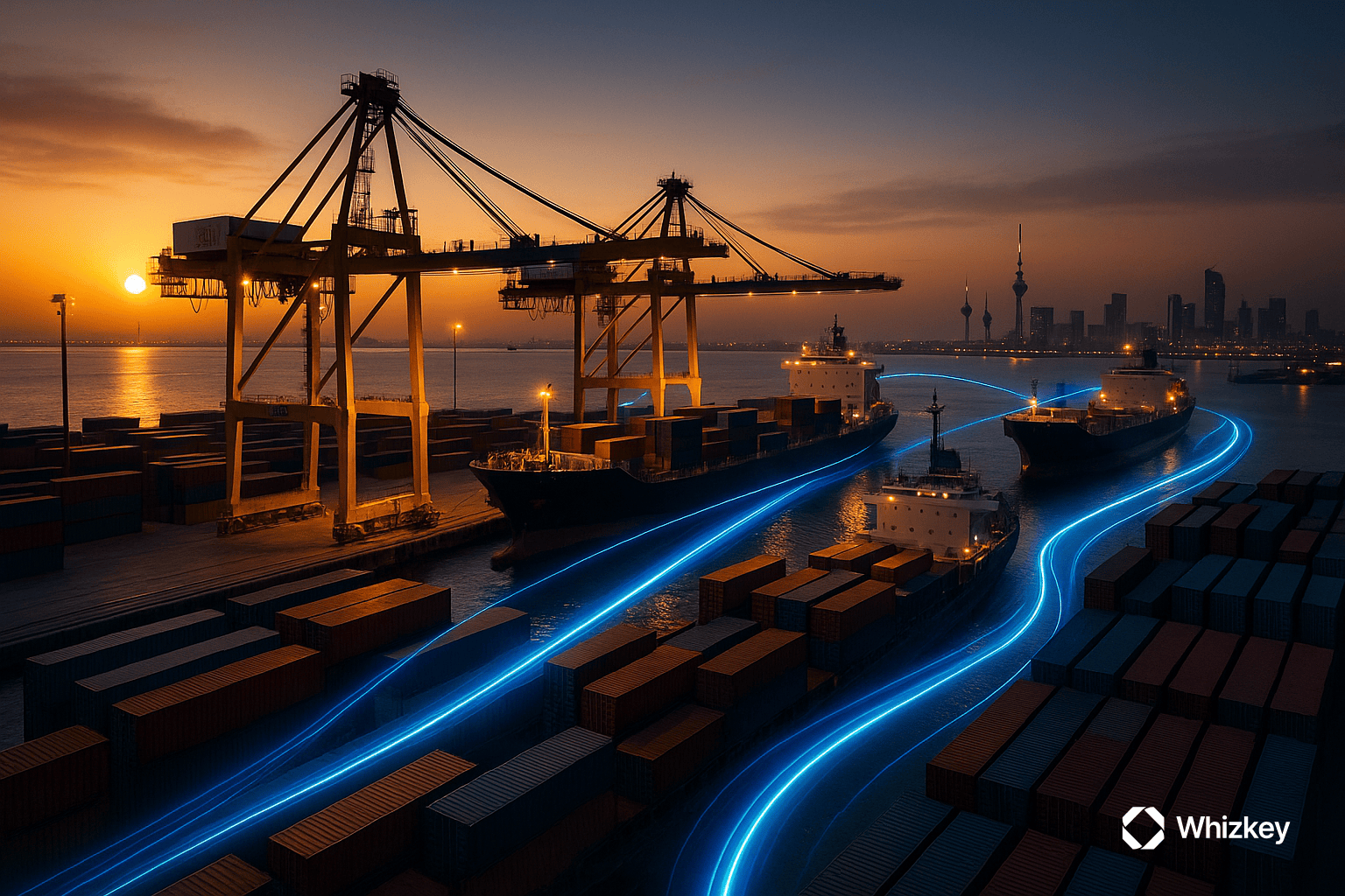 Kuwaiti port at sunset with cargo ships, cranes, and subtle blue and turquoise digital light trails symbolizing ROI from IT partnerships and digital transformation.