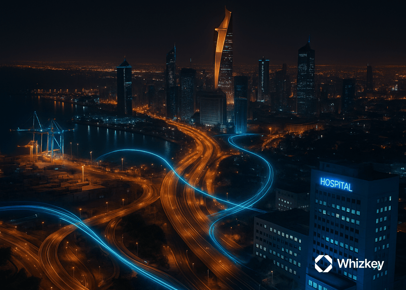 Aerial night view of Kuwait City with subtle blue and turquoise light trails connecting the financial district, hospital, government, and port areas, symbolizing ROI from IT partnerships.