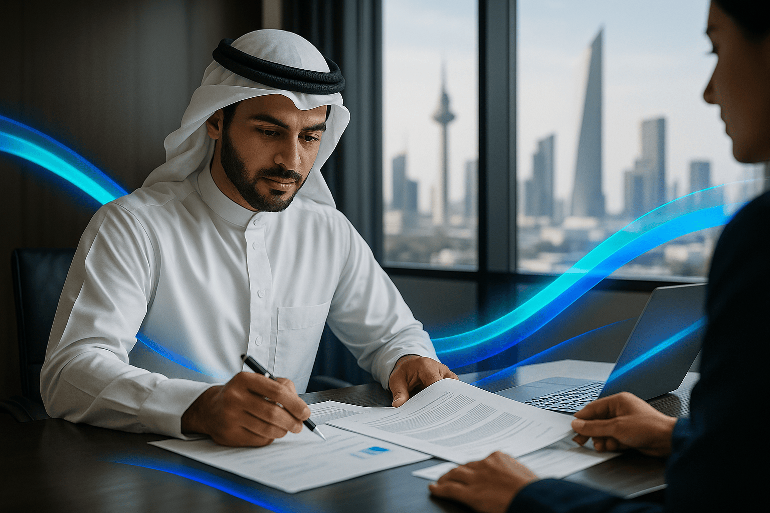 Kuwaiti professional in traditional attire reviewing documents in a modern office with the Kuwait City skyline in the background, enhanced by subtle blue and turquoise accents.