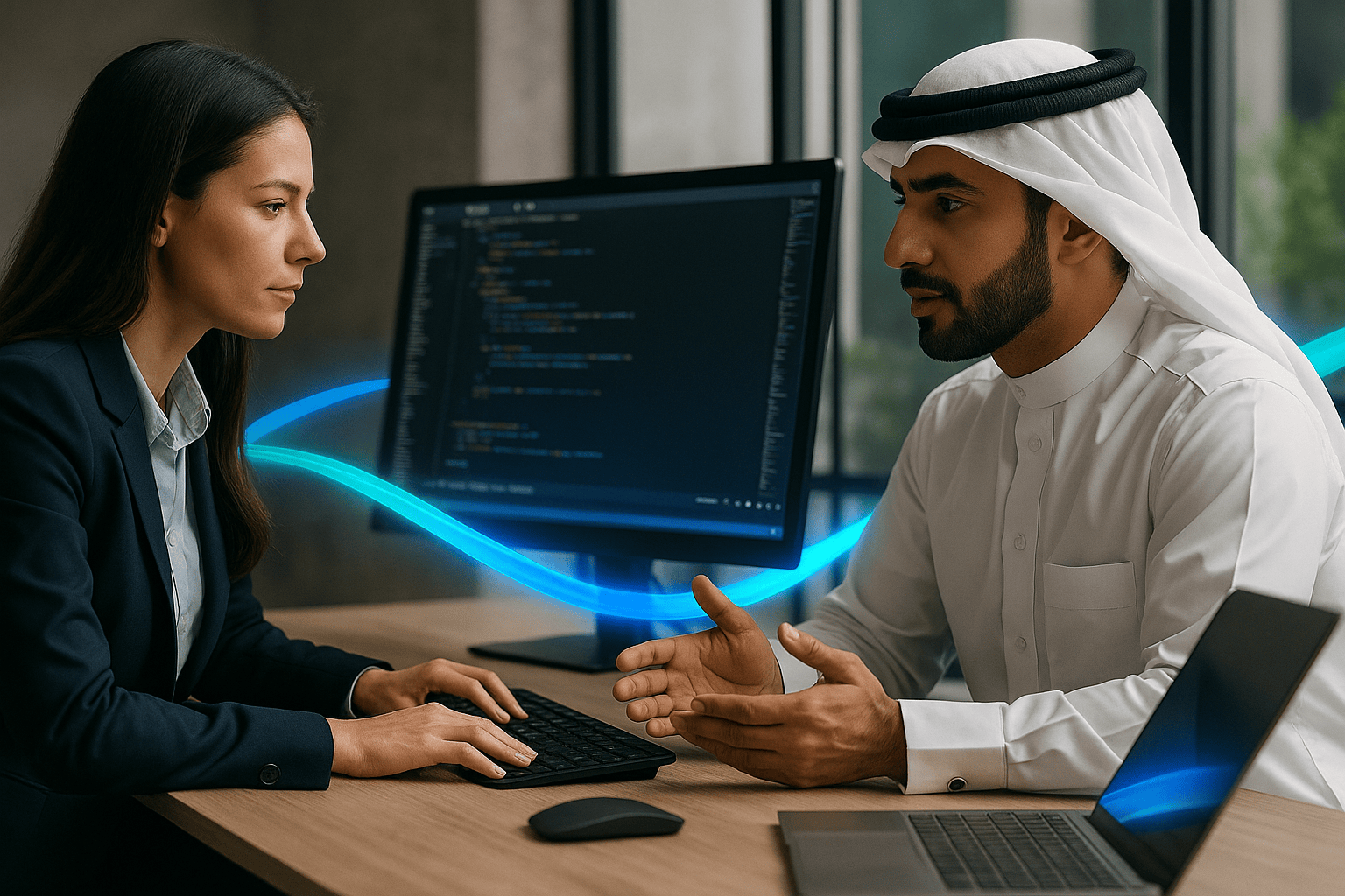 Kuwaiti professional collaborating with a colleague on software development in a modern office, with subtle blue and turquoise accents symbolizing scalable and future-ready digital solutions.