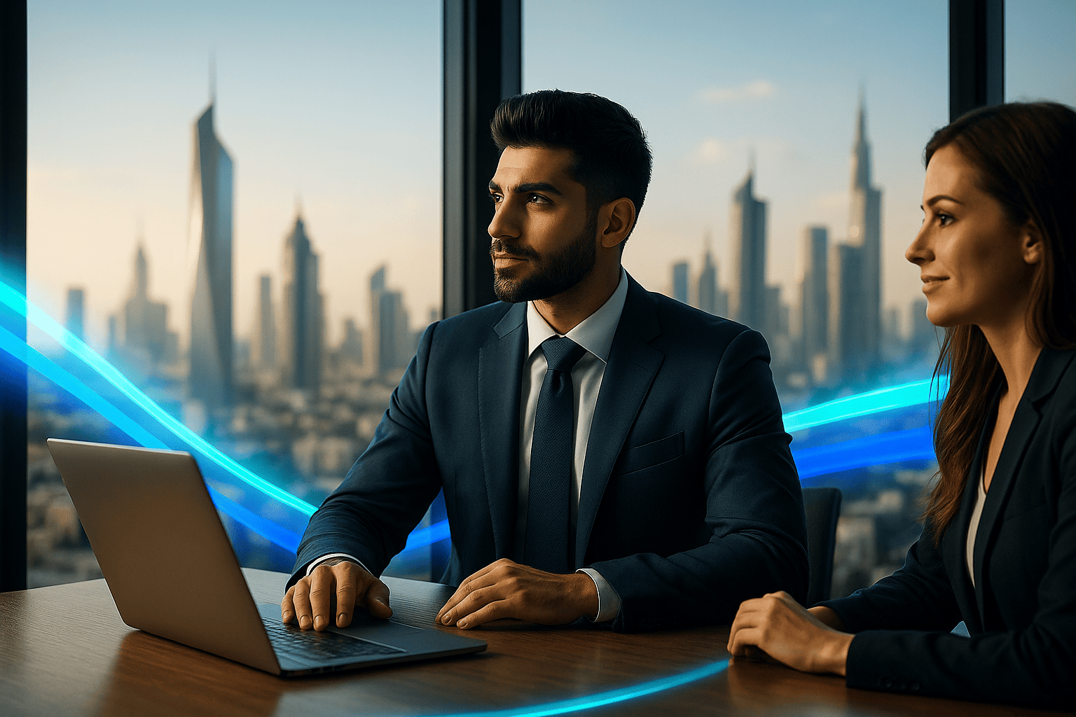 Two business professionals in a modern office overlooking Kuwait City, collaborating with laptops and subtle blue and turquoise light accents symbolizing ongoing implementation and support.