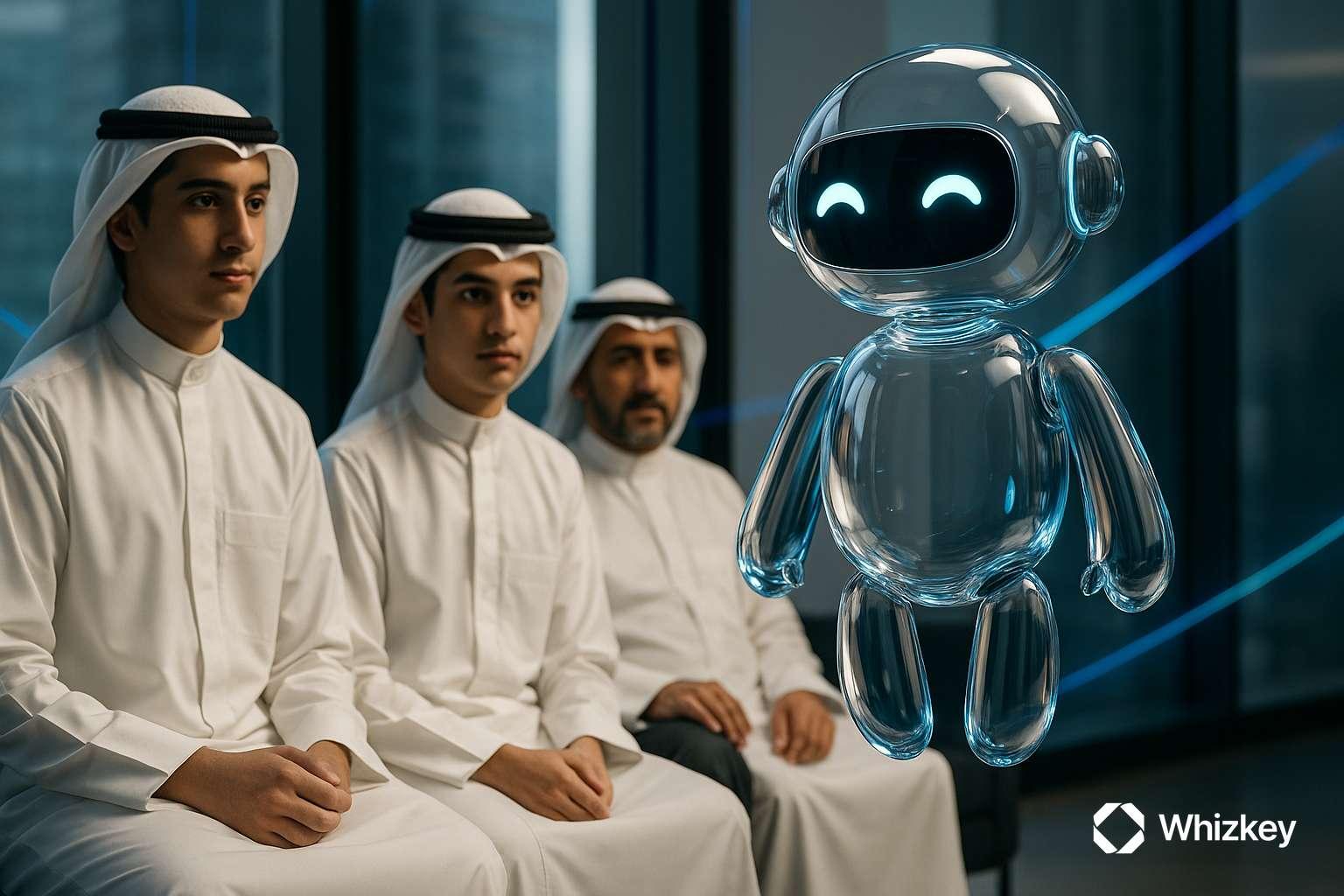 Transparent glass chatbot with Kuwaiti students and teacher in modern classroom