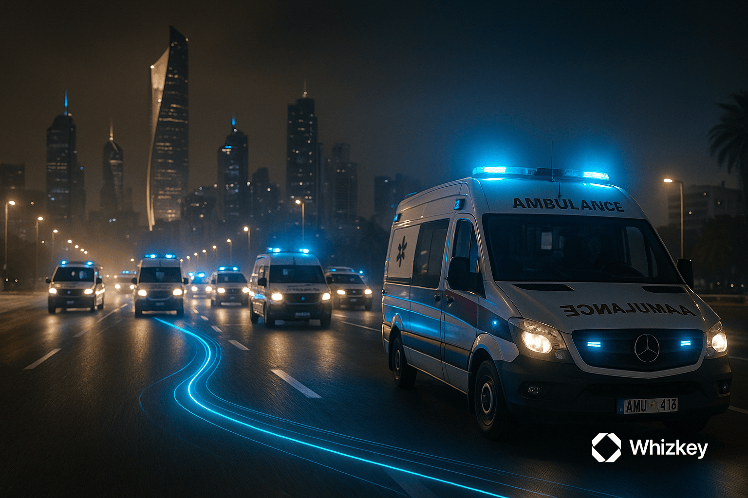 Convoy of ambulances racing through Kuwait City at night with subtle turquoise light trails guiding the road, symbolizing AI-powered crisis management and coordination.