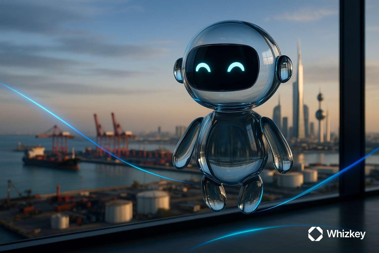 Photorealistic transparent glass chatbot levitating in front of Kuwait’s skyline with ports, oil storage tanks, and cranes, accented with Whizkey’s branding colors in deep blue and turquoise.