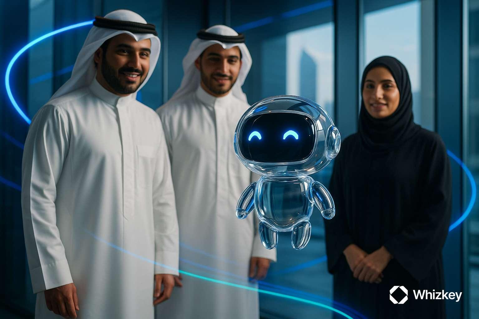 Kuwaiti professionals exploring AI chatbot in modern office setting