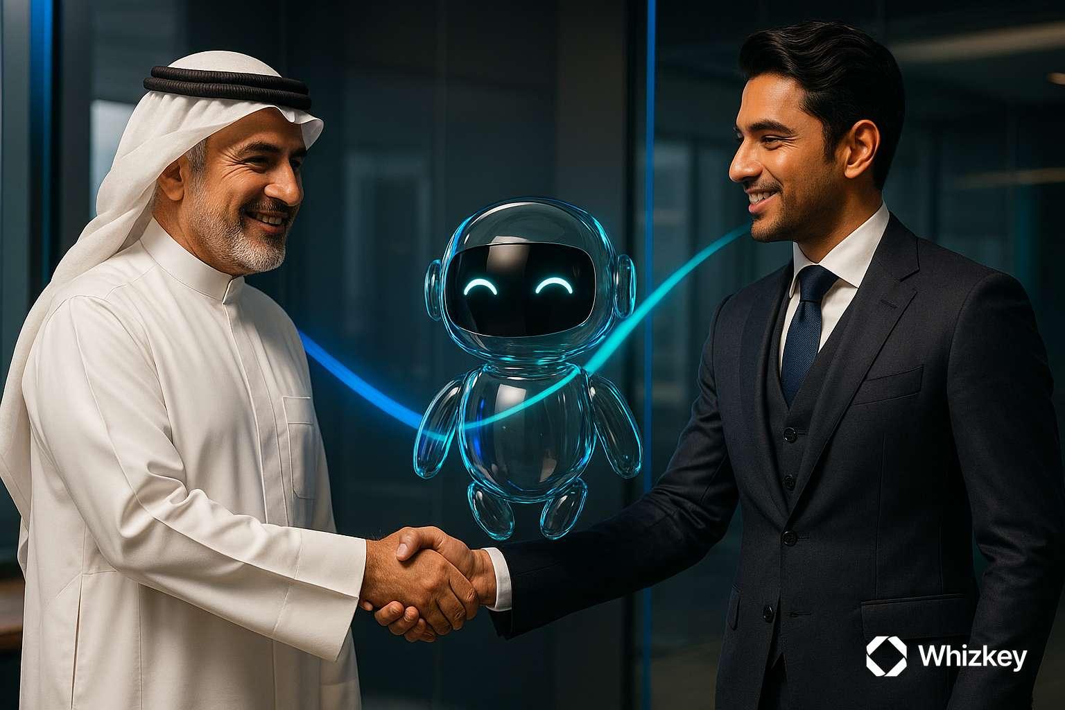 Kuwaiti business leader and Indian professional shaking hands with AI chatbot between them