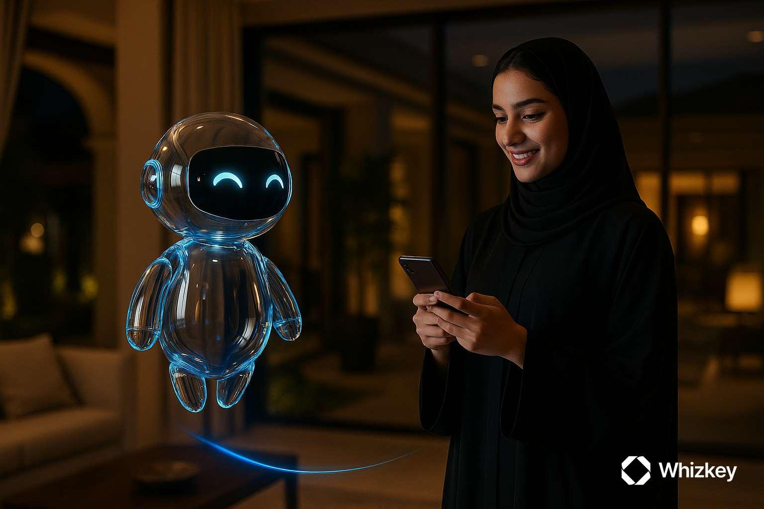 AI chatbot assisting Kuwaiti woman with citizen services on phone at night
