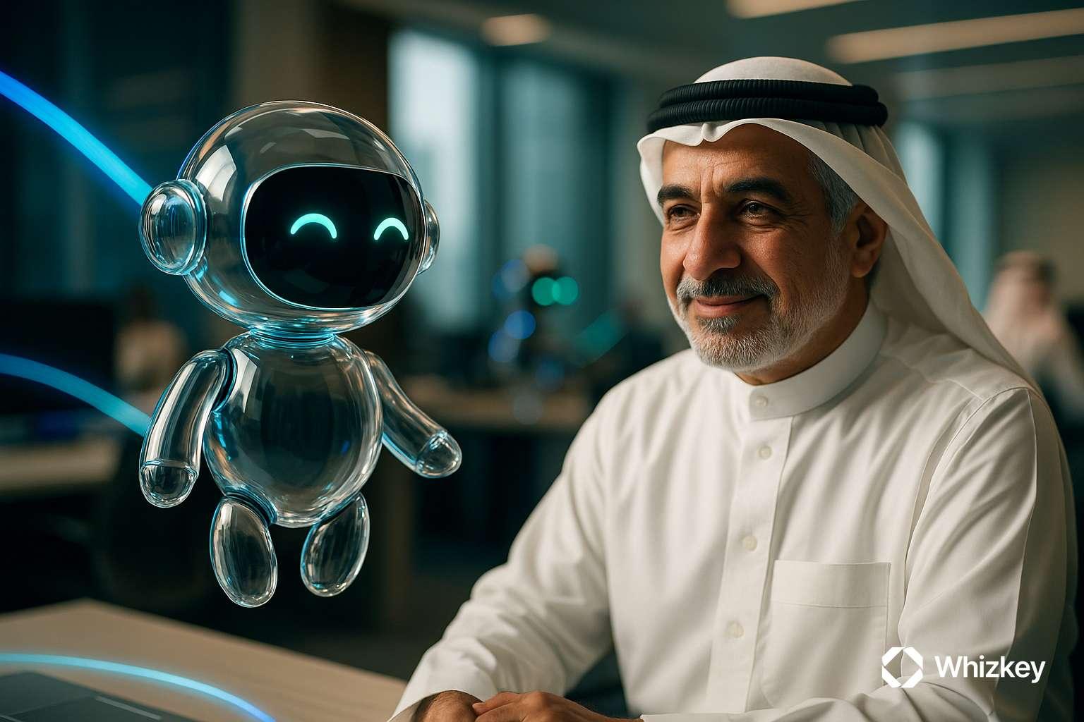 AI chatbot assisting Kuwaiti government worker in office with digital services