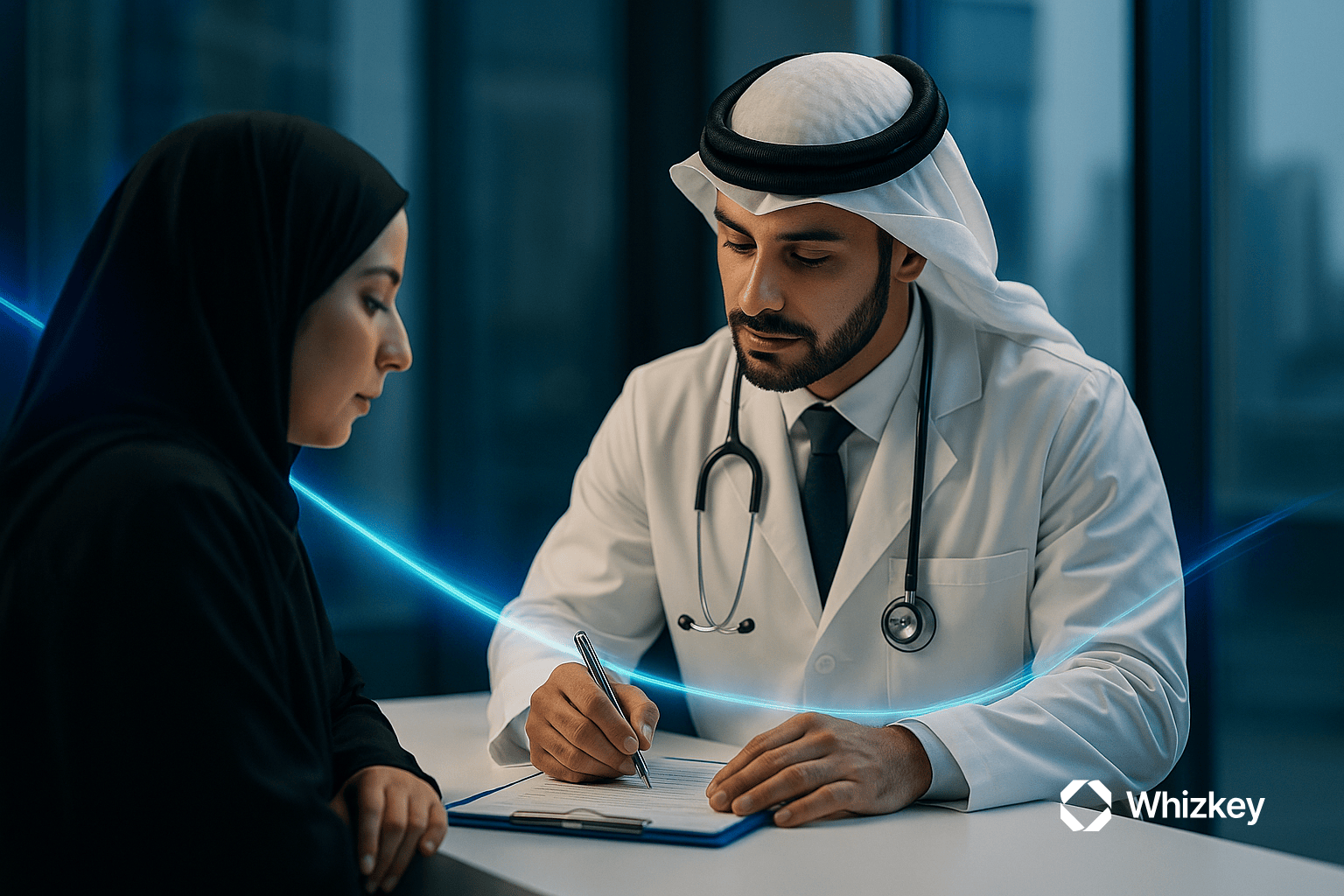 Arab doctor in white coat consulting with female patient in abaya, with a subtle turquoise light trail symbolizing AI streamlining healthcare documentation and patient support.