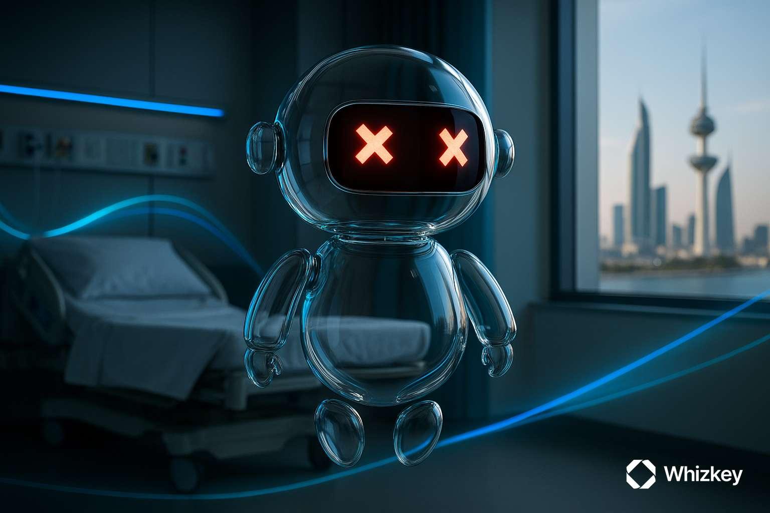 Transparent glass chatbot with tilted red cross eyes in Kuwaiti hospital room