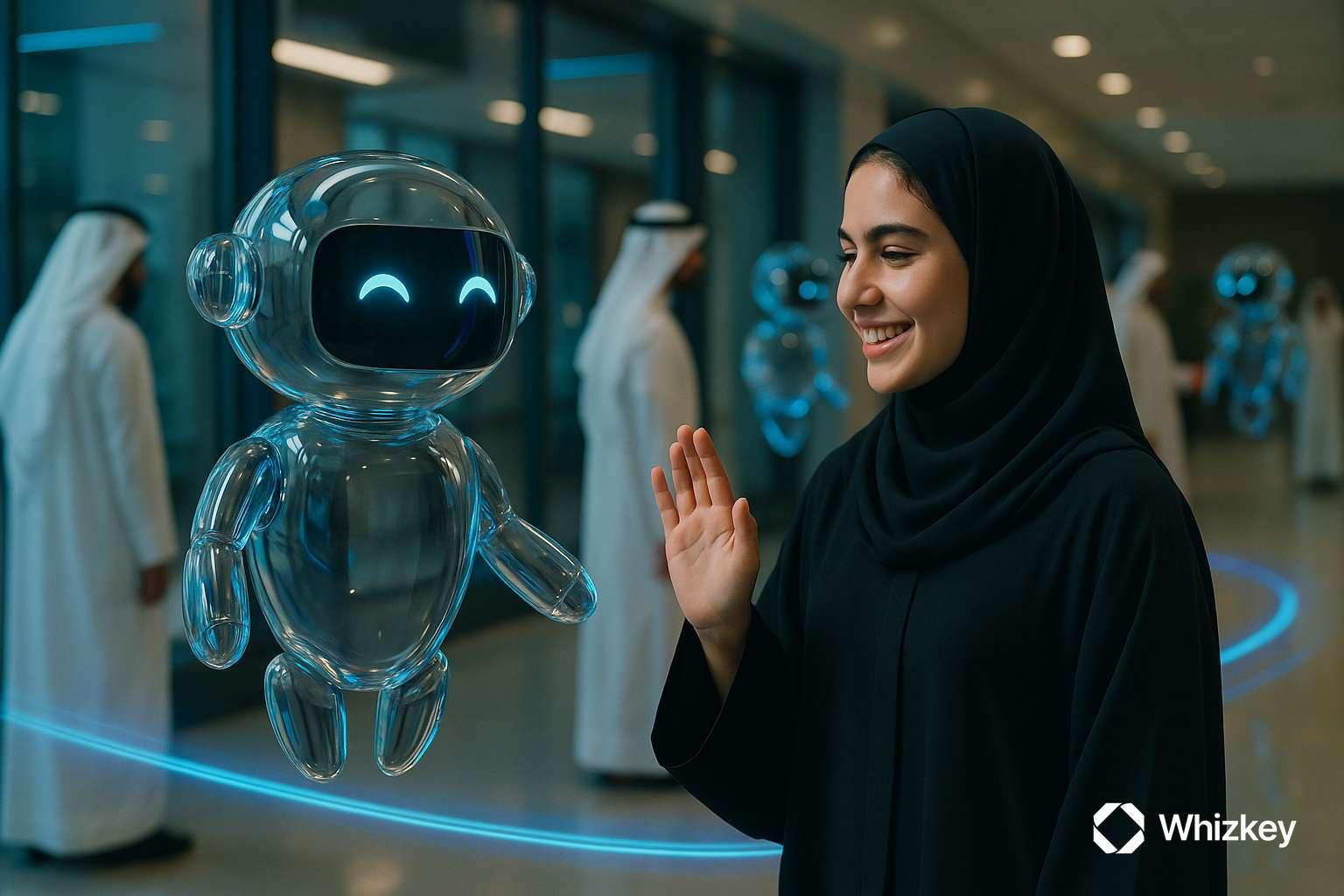 Kuwaiti teenage girl in abaya interacting with a AI healthcare chatbot in hospital
