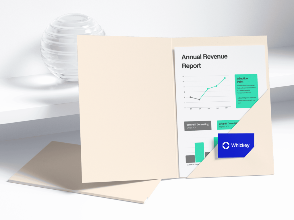 Business folder displaying an annual revenue report with rising ROI after IT consulting, symbolizing the financial benefits of partnering with an IT company in Kuwait.