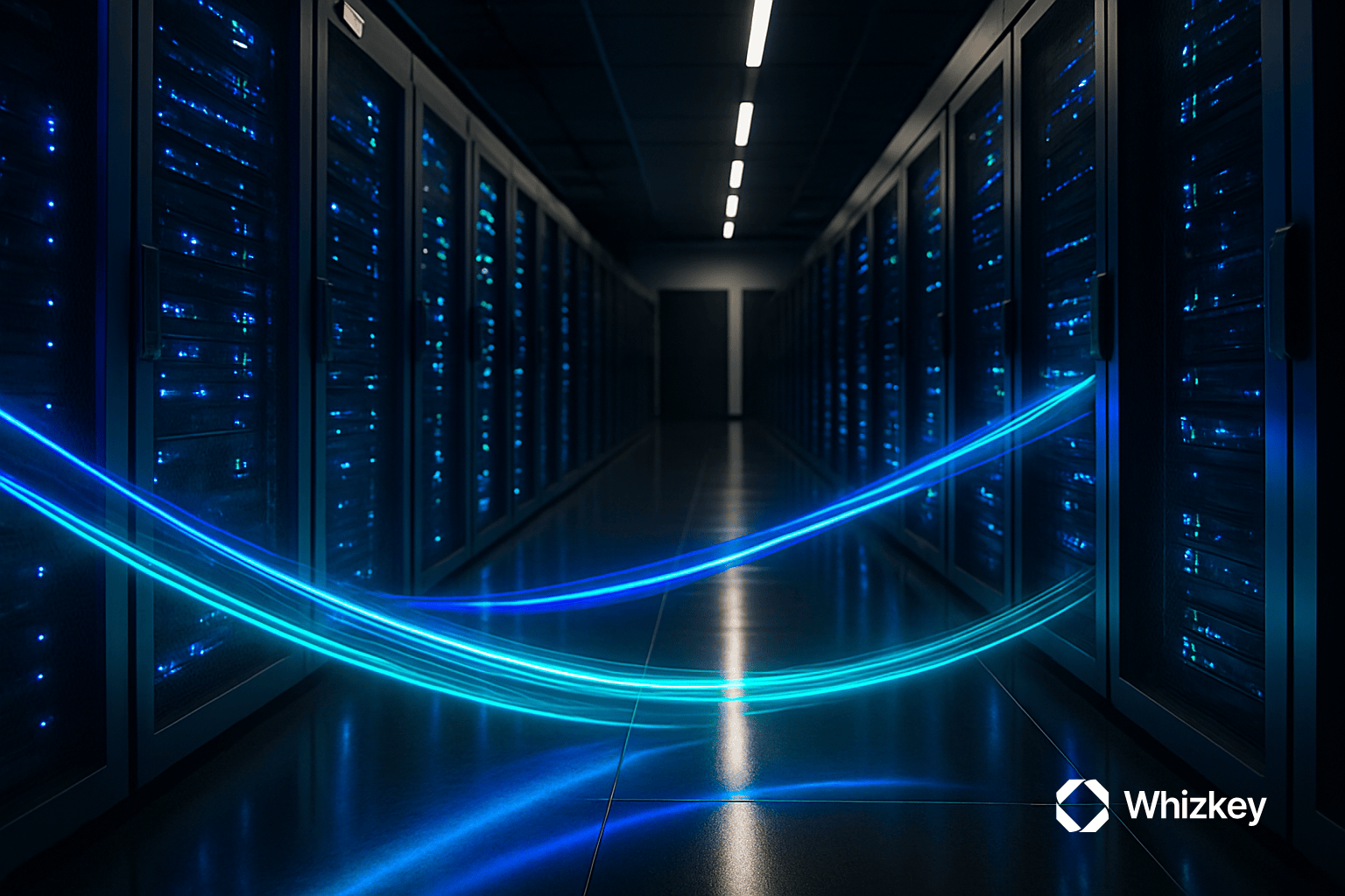 Interior view of a modern data center with rows of servers and subtle blue and turquoise light streams flowing seamlessly into racks, symbolizing ROI-driven IT partnerships.