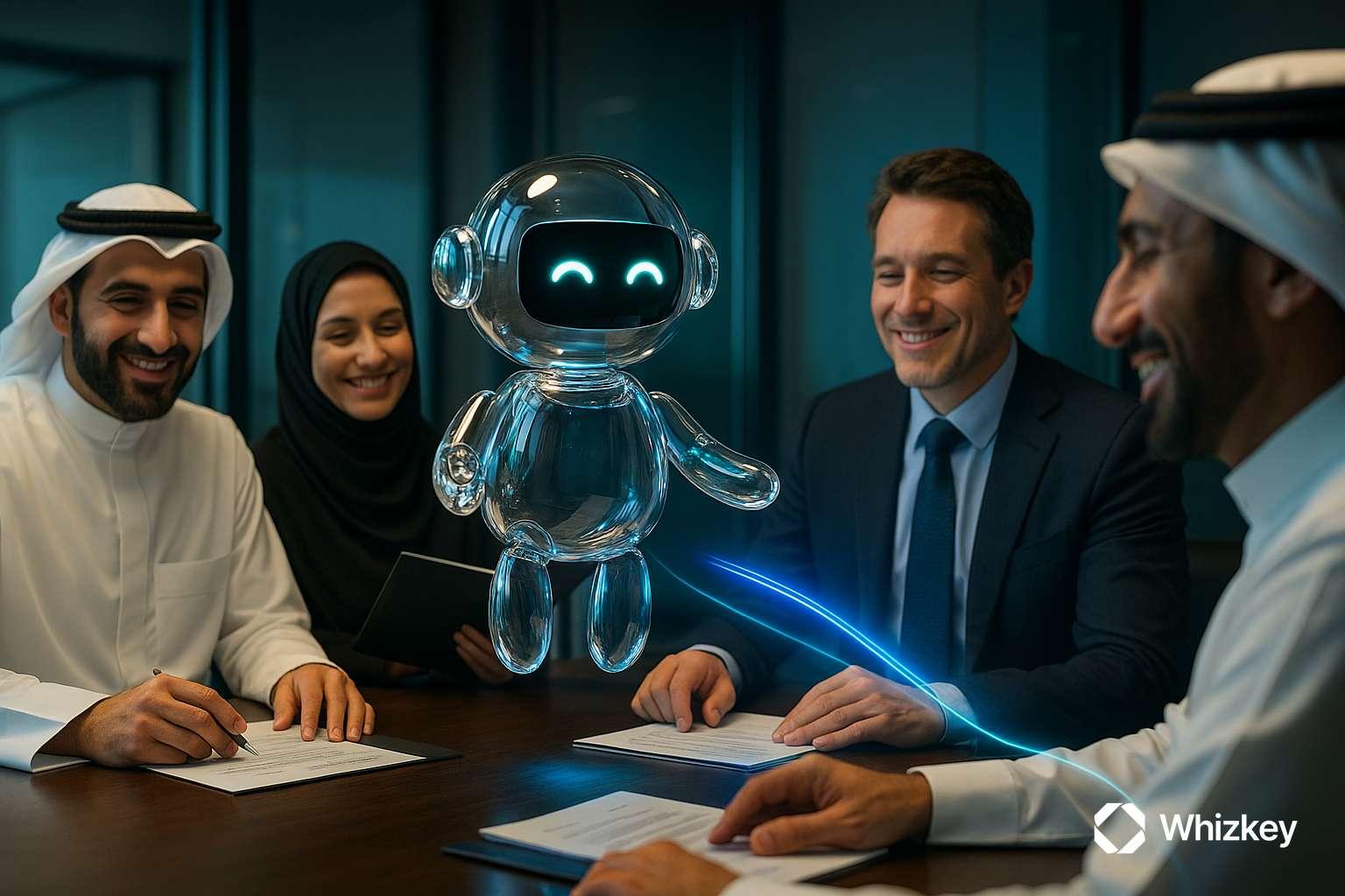 Photorealistic transparent glass chatbot levitating in a Kuwaiti conference room, assisting compliance officers in suits and national attire, all reviewing documents with satisfied, confident expressions.