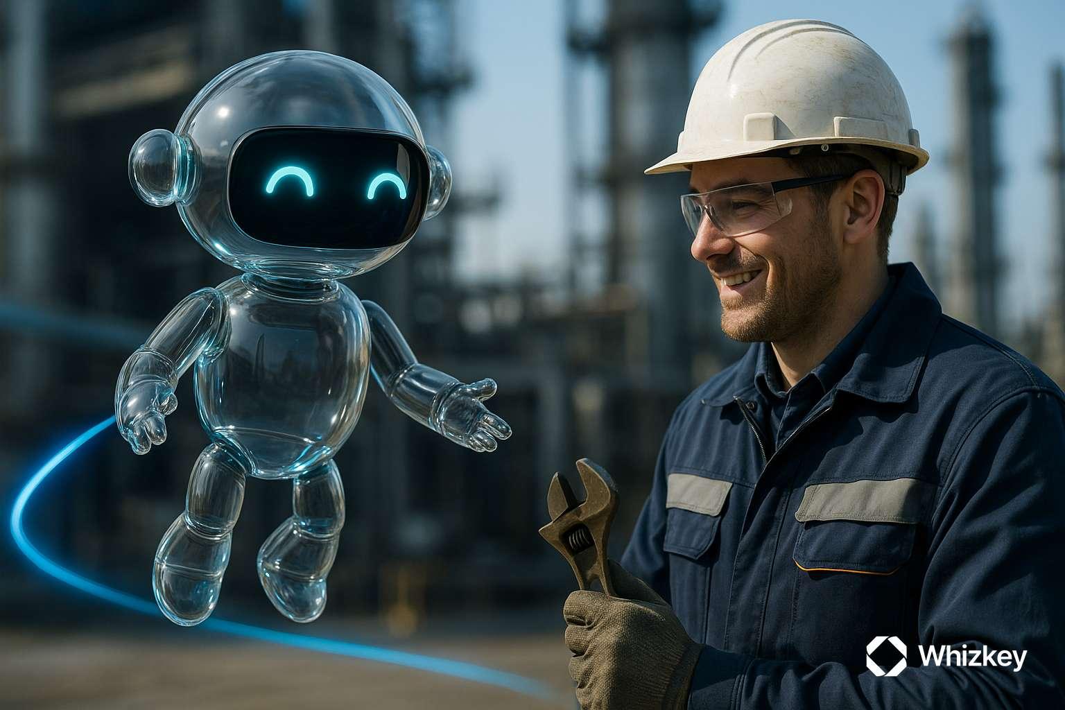 Photorealistic transparent glass chatbot levitating and interacting with a smiling engineer in safety gear at a Kuwait oil refinery, with subtle branded blue and turquoise accents symbolizing predictive maintenance.