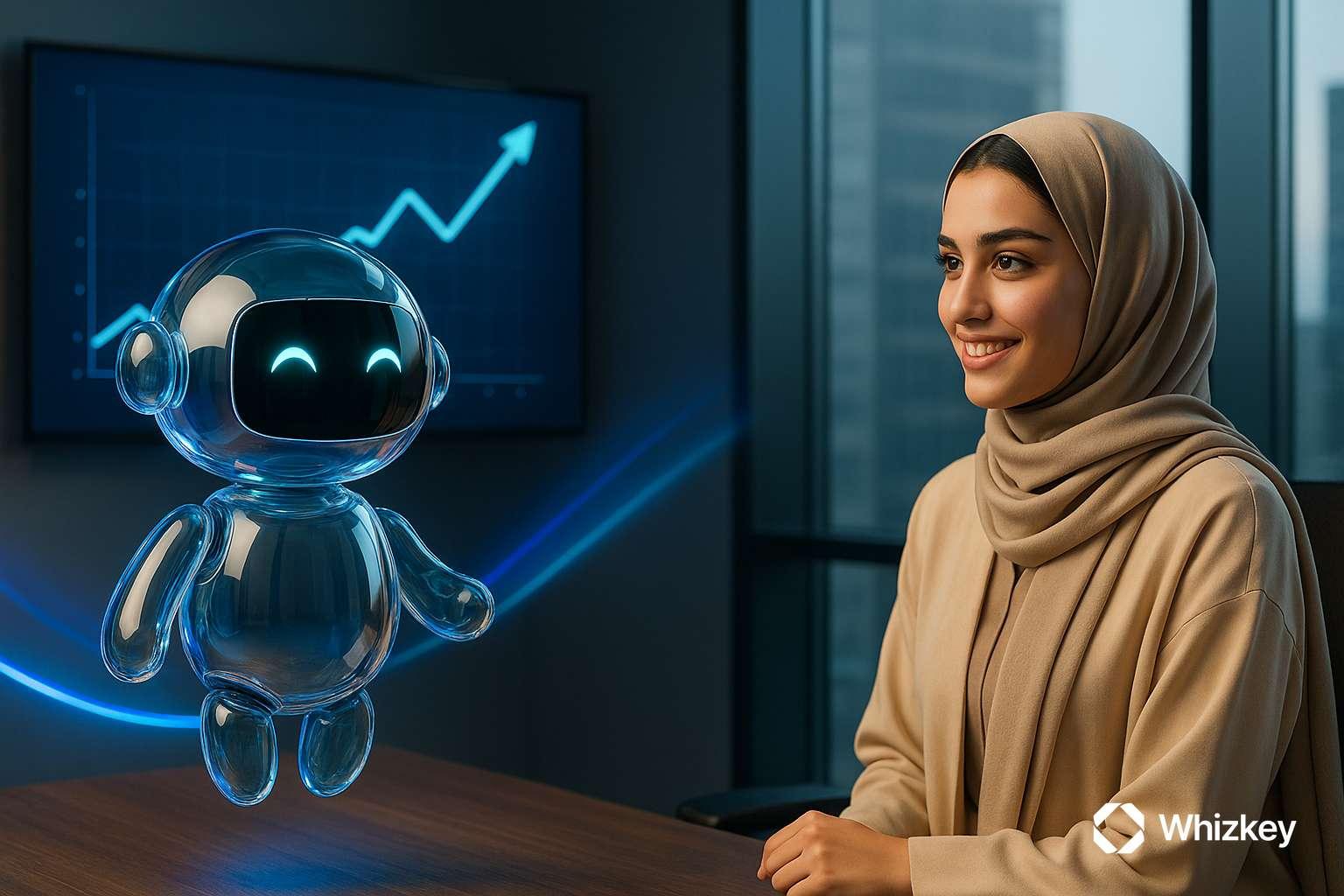 AI chatbot presenting predictive governance graph to young Kuwaiti government employee