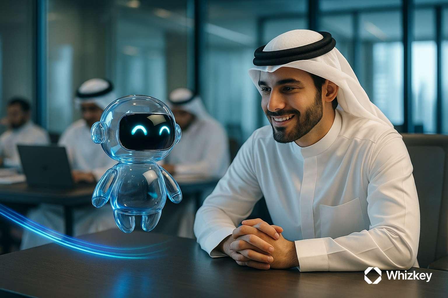 Kuwaiti employee in national dress interacting with a transparent glass chatbot in office