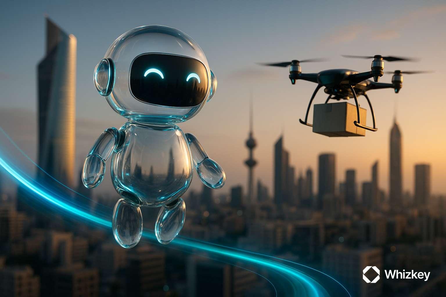 Photorealistic transparent glass chatbot flying alongside a delivery drone carrying a package over the Kuwait City skyline at sunset, with subtle branded deep blue and turquoise light accents.