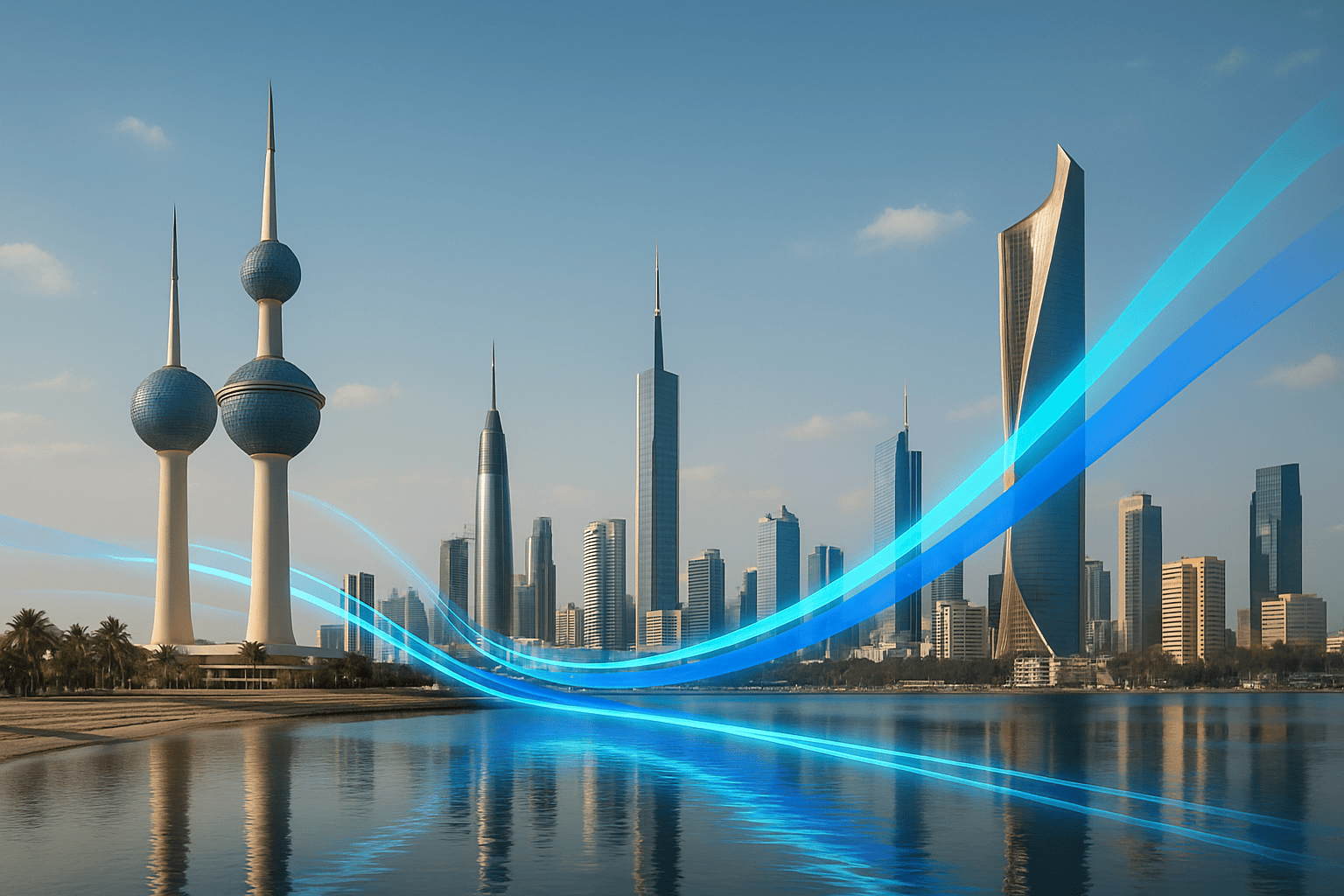 Kuwait City skyline with Kuwait Towers and modern skyscrapers, representing the beginning of Kuwait’s digital transformation journey through AI and automation.
