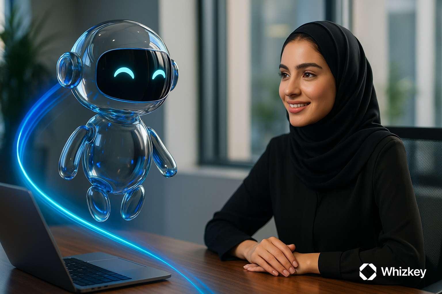 AI chatbot assisting young Kuwaiti woman with municipal smart city services in office