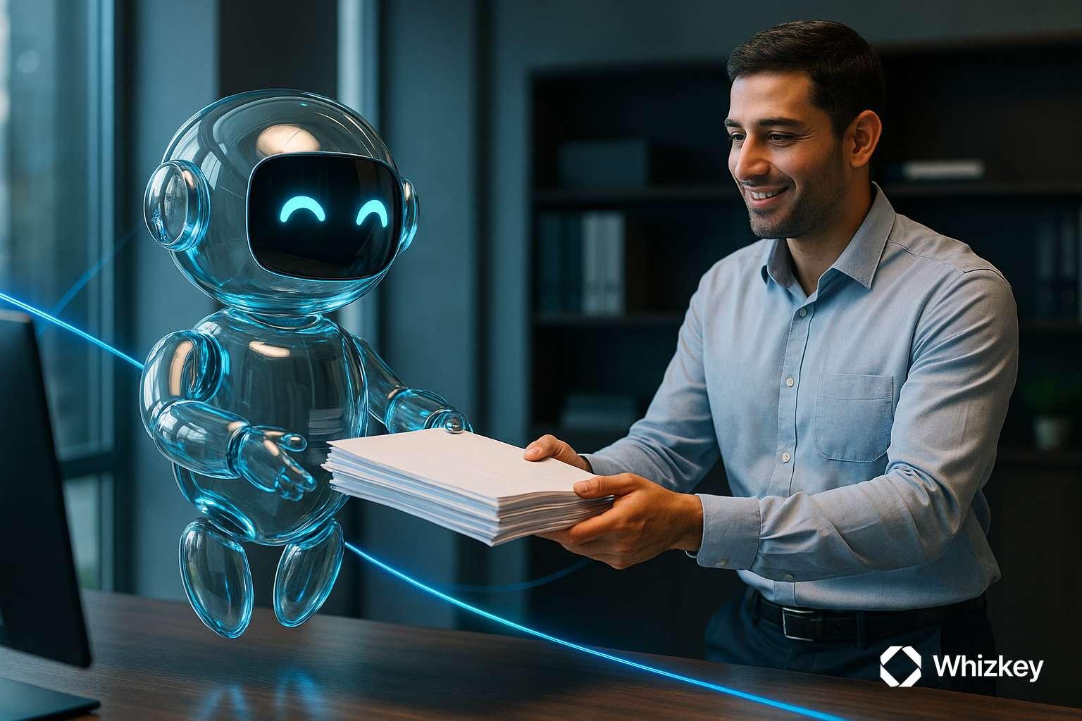Accountant in Kuwait handing papers to AI chatbot for billing automation
