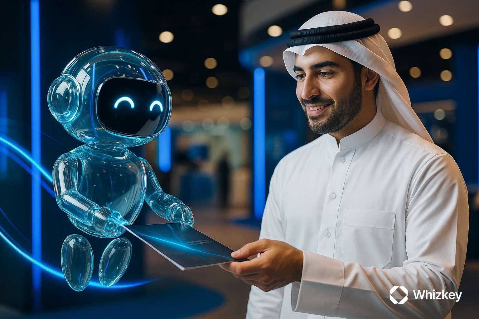 Kuwaiti man receiving brochure from AI chatbot at telecom exhibition