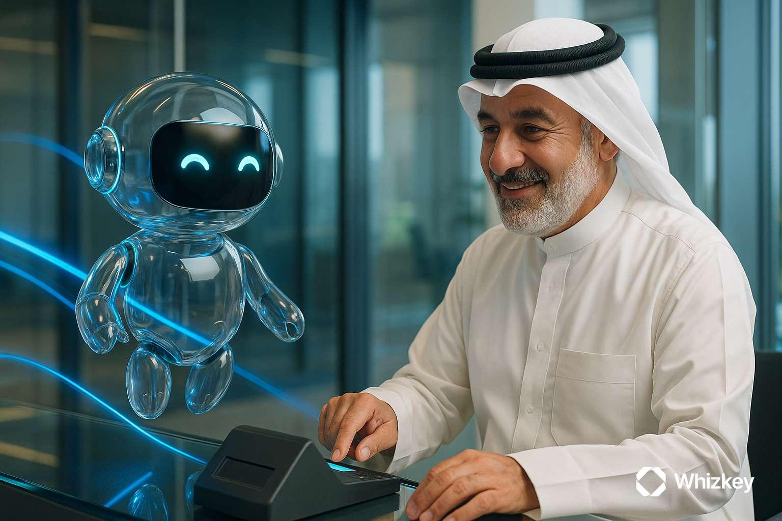 Kuwaiti man using AI chatbot at billing machine for telecom payment