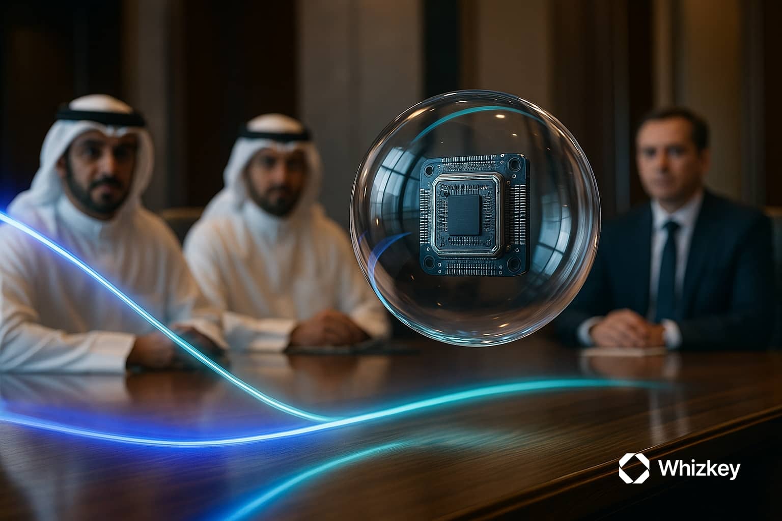 Kuwaiti government leaders in traditional attire and business suits observe a levitating glass orb with a microprocessor, symbolizing AI-driven governance and enterprise transformation.
