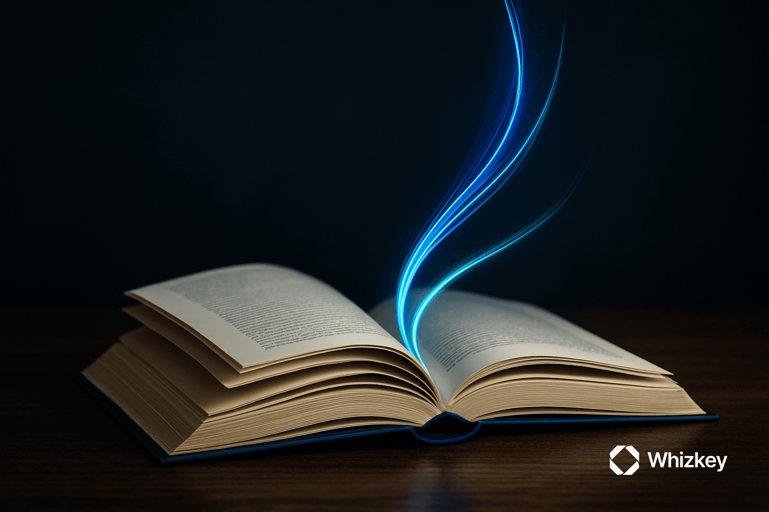 Open book on a dark wooden surface with glowing blue and turquoise light streams rising from its pages, symbolizing how LLMs convert vast text corpora into structured intelligence.