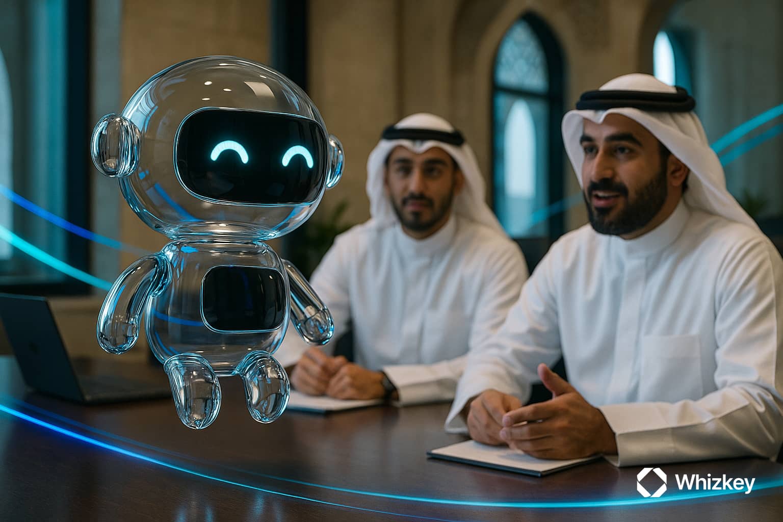 Glass chatbot levitating in Kuwaiti government office with officials in national attire, symbolizing AI in public services.
