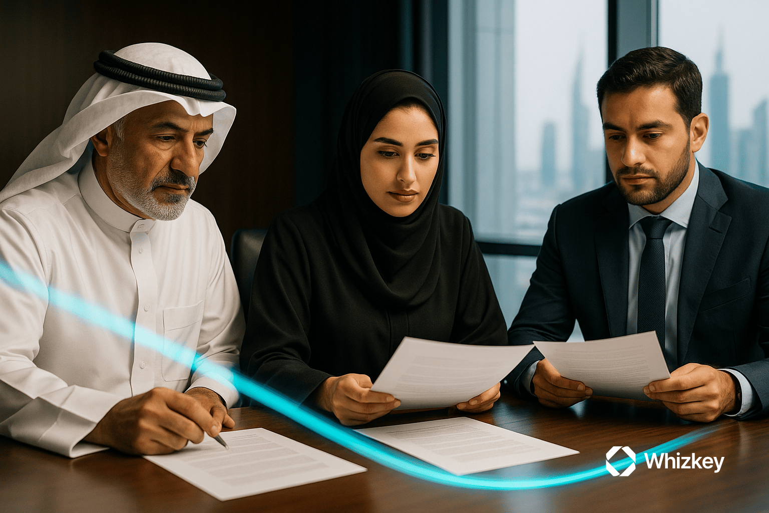 Professional meeting in Kuwait with officials reviewing documents, including a woman in an abaya, with a subtle turquoise light arc symbolizing AI simplifying governance and compliance.