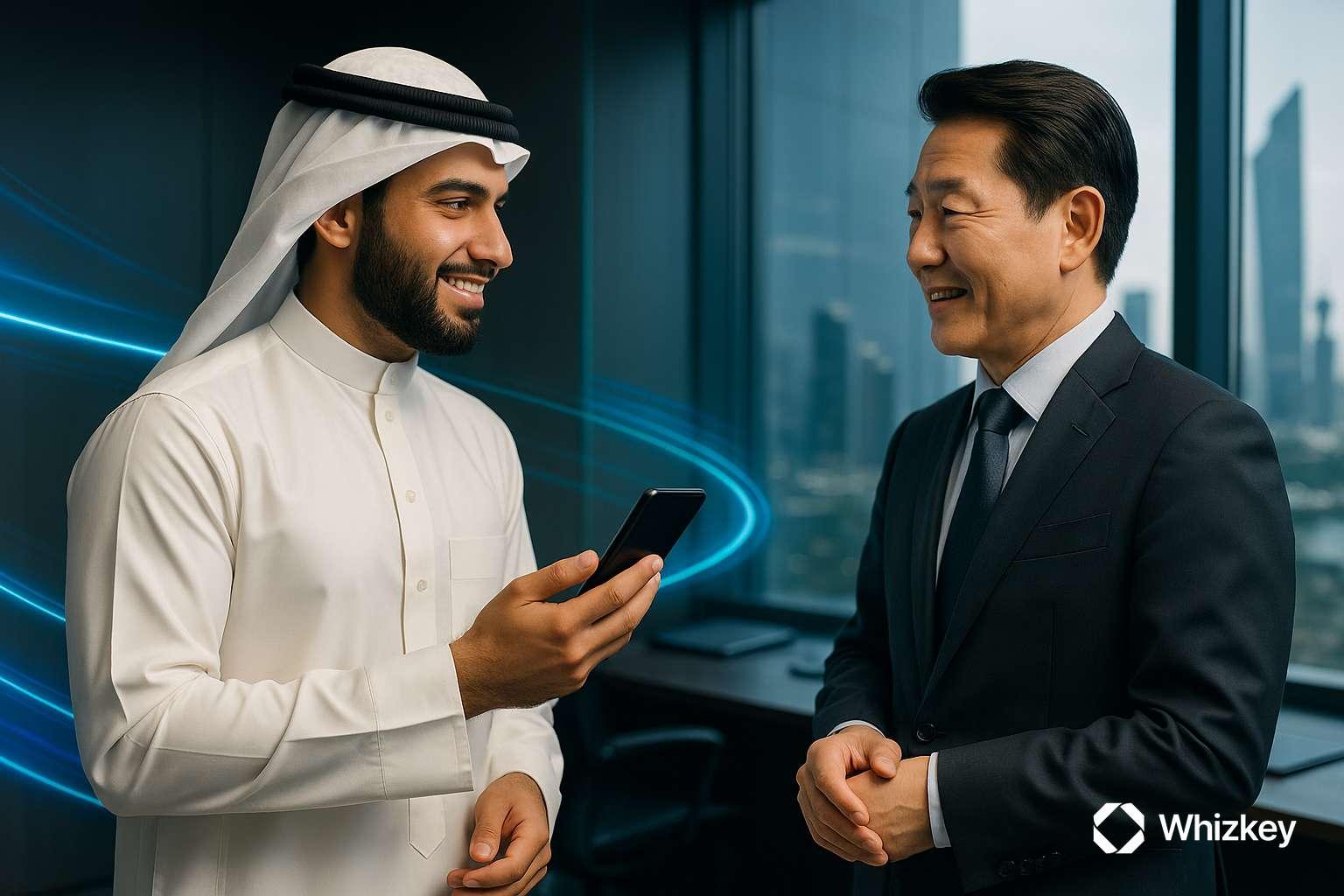 Kuwaiti employee using phone for live translation while speaking with Chinese executive