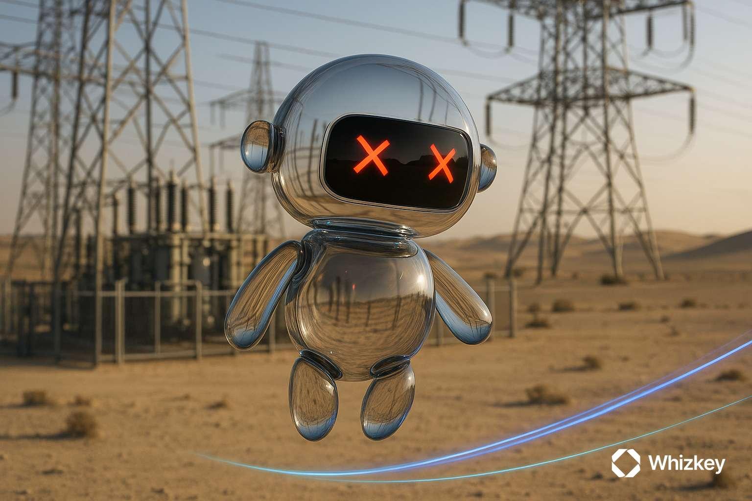 Photorealistic glass chatbot with red X eyes levitating at Kuwait electrical substation in desert